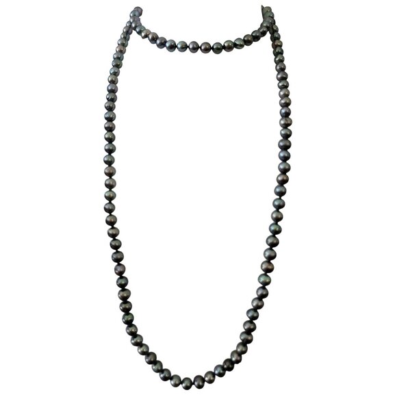 14K Yellow Gold Clasp Gray Peacock Fresh Water Knotted Pearls Strand 27"L, E864 - Picture 2 of 10